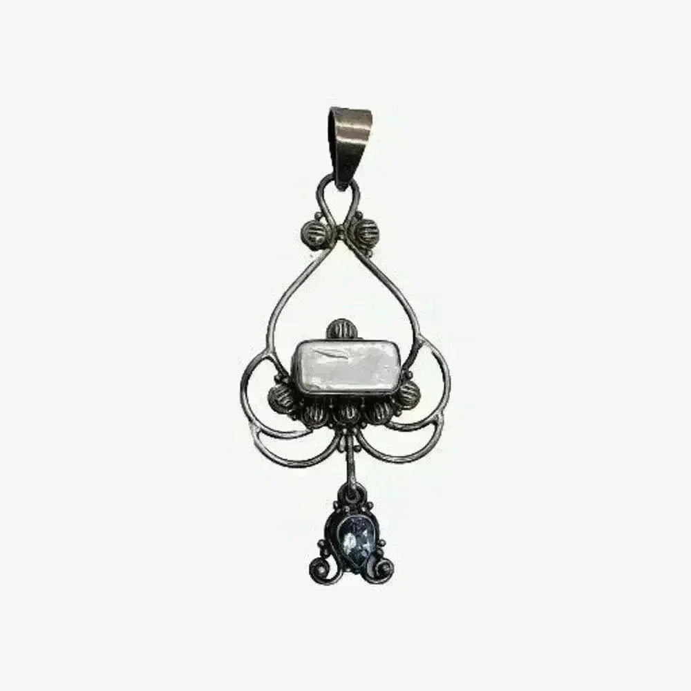 Vintage Pendant 925 Sterling Silver Genuine Pearl & Topaz Large Fancy - Picture 3 of 9